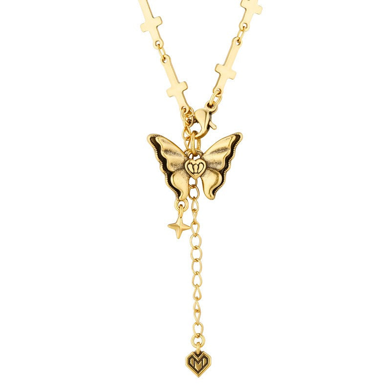 14K Gold Baroque Butterfly Cross Pendant