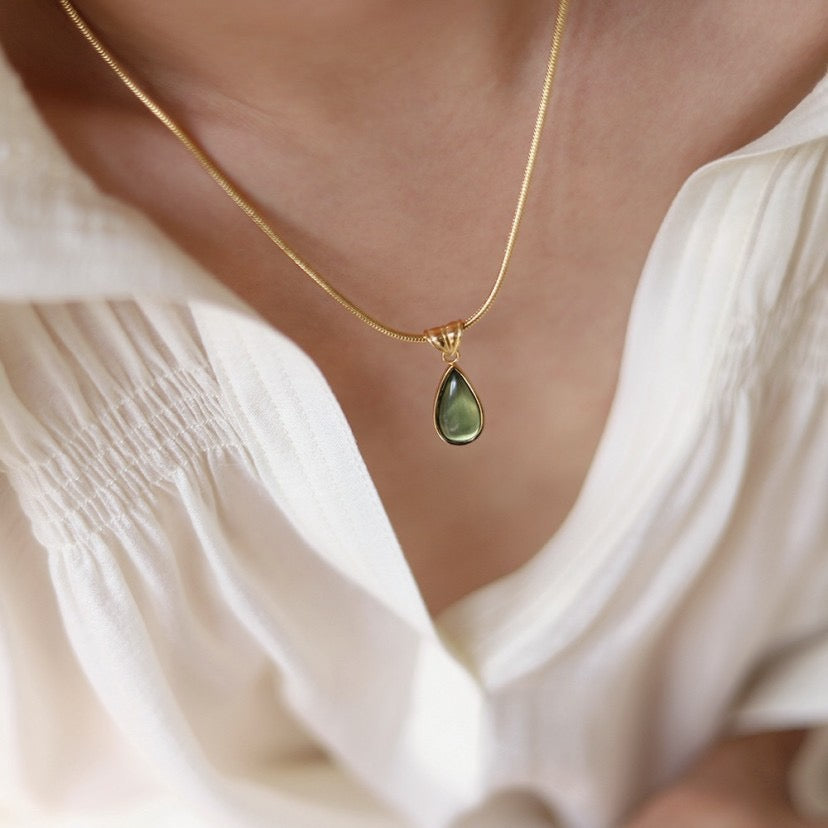 Natural stone French clear green water drop blue ocean necklace