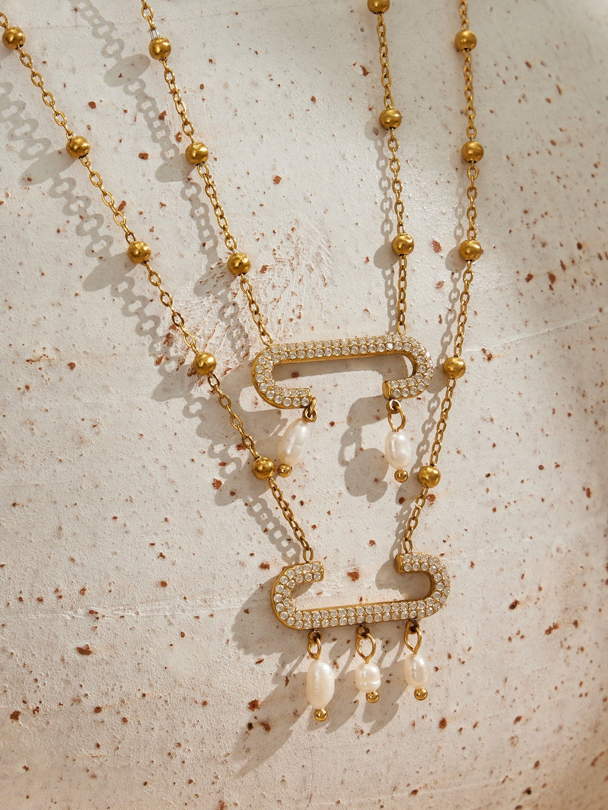 18K Gold Paperclip Pendant Freshwater Pearl Tassel Zircon Necklace