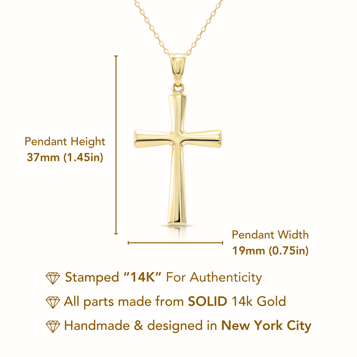 14K Gold Classic Cross Pendant. With 18 Cable Chain Necklace