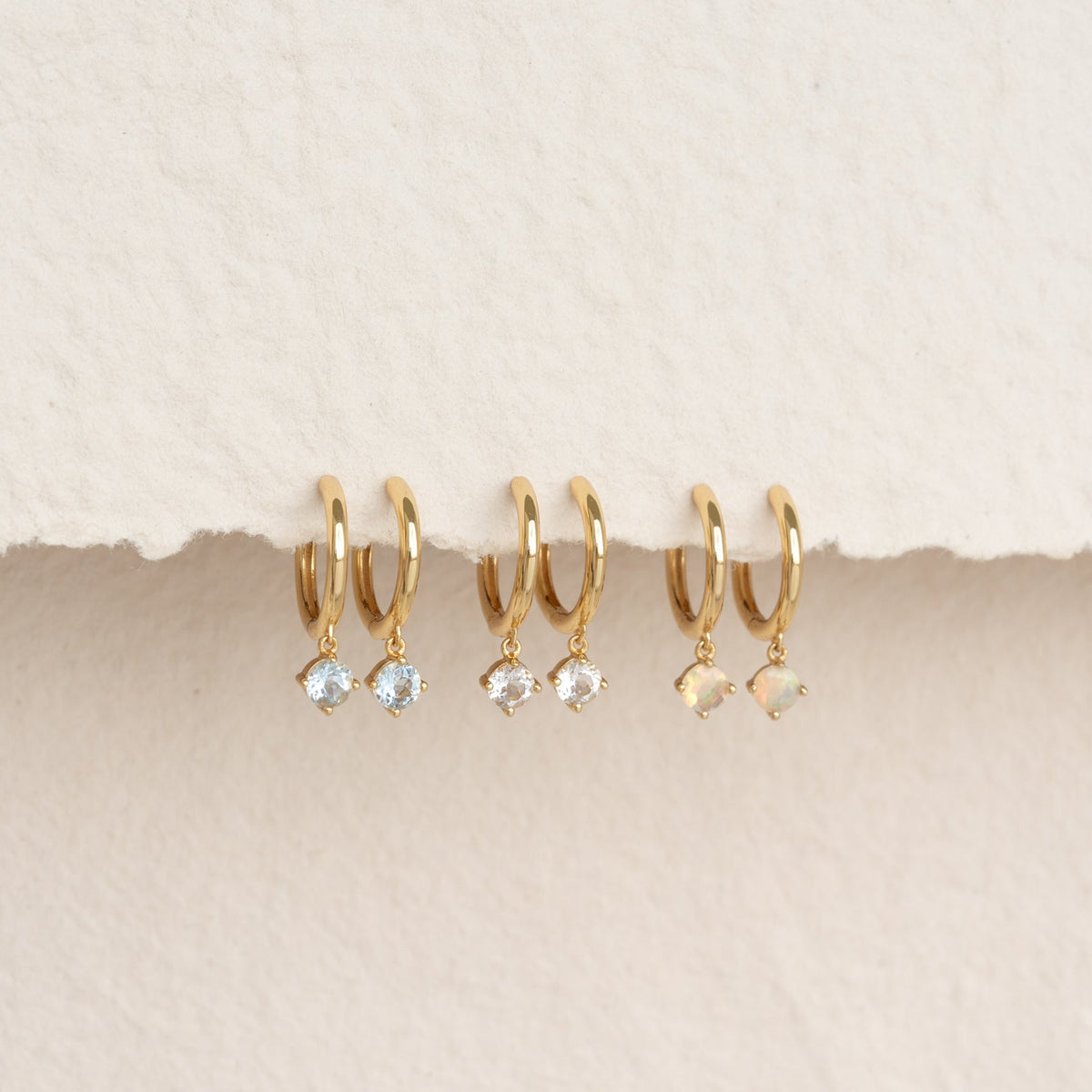 October Birthstone Drop Huggie Earrings - Opal