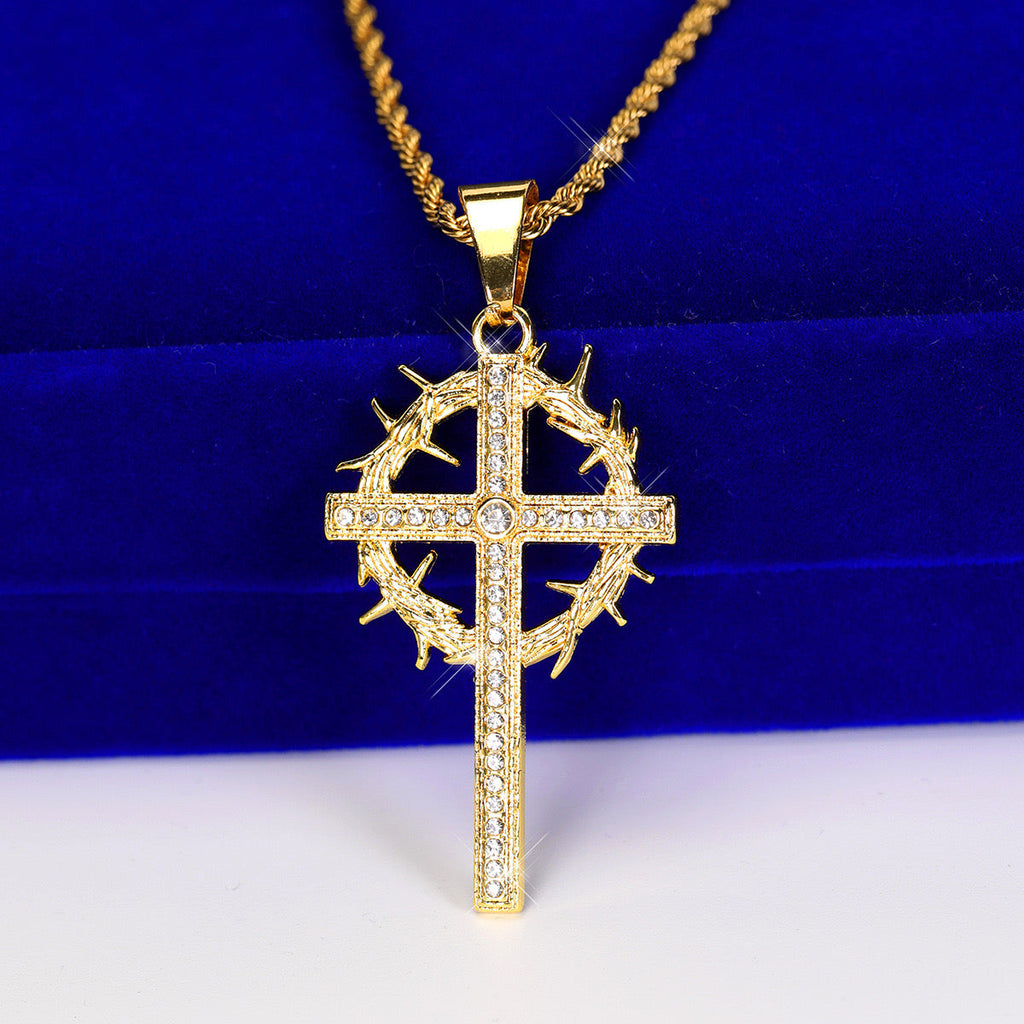 14K Gold Necklace Hip Hop Ice Crystal Cross Pendant