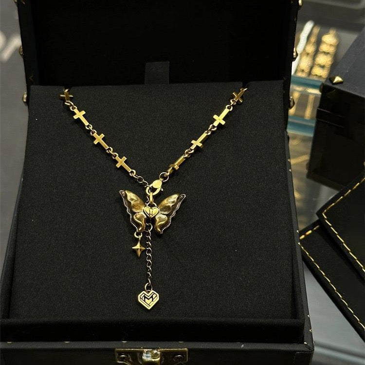 14K Gold Baroque Butterfly Cross Pendant
