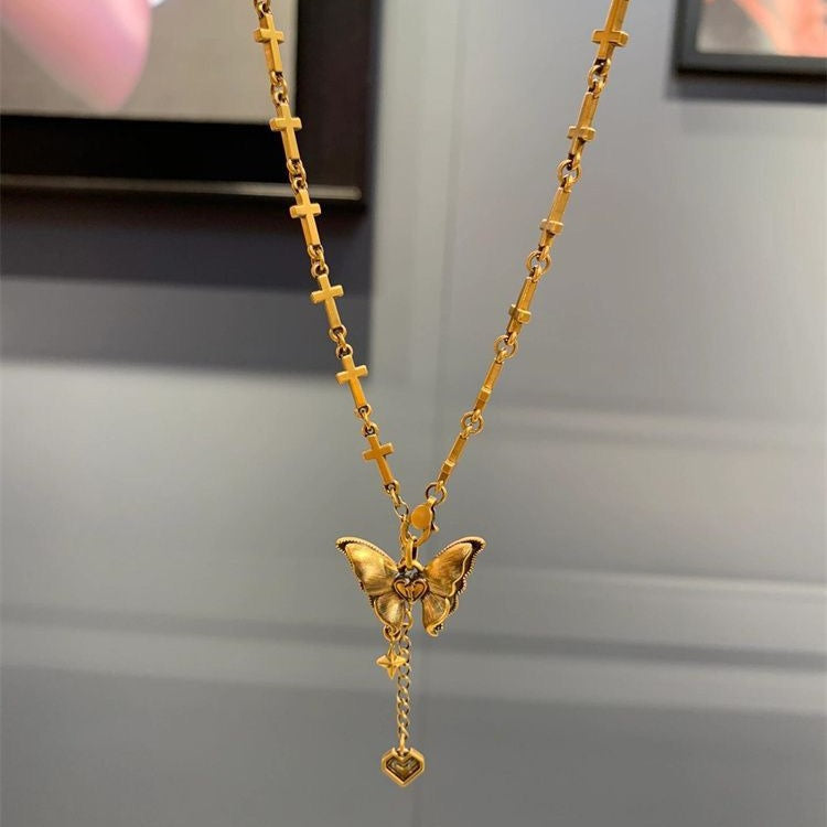 14K Gold Baroque Butterfly Cross Pendant