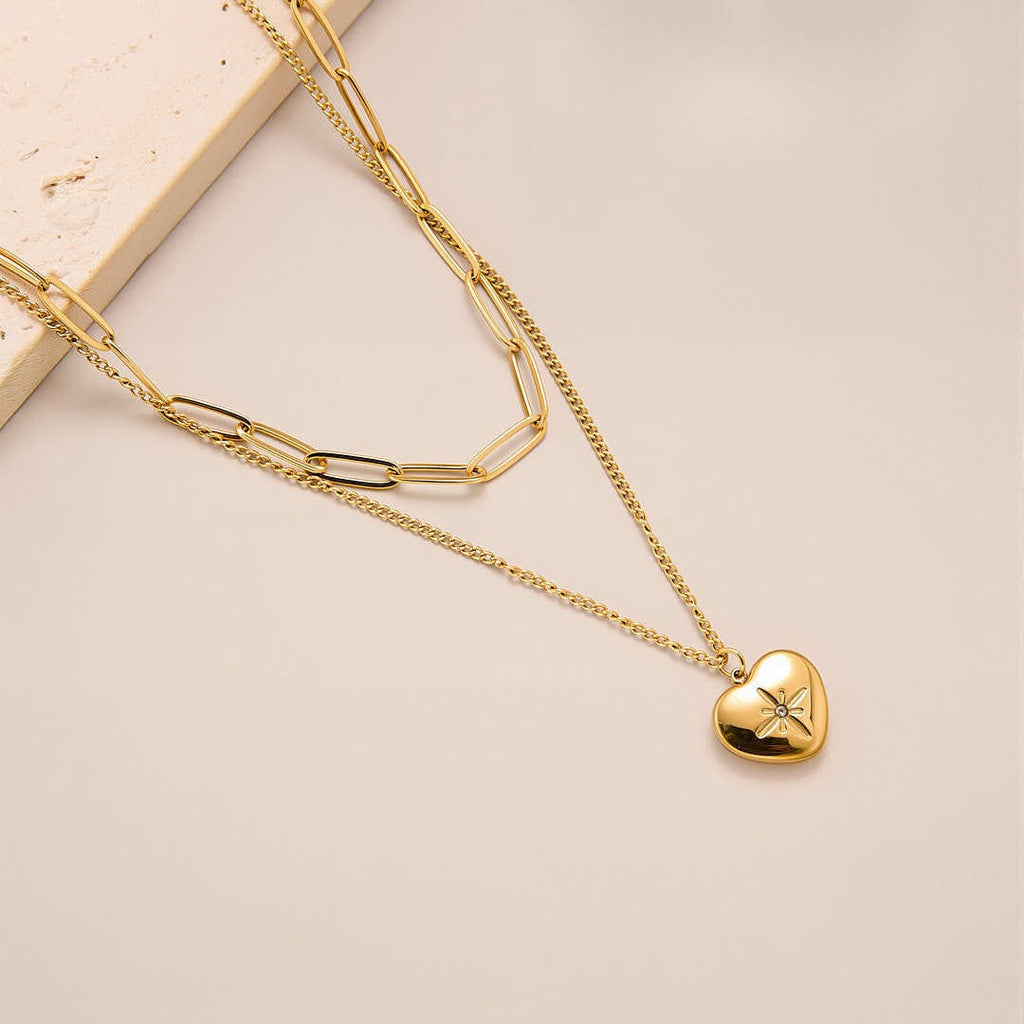 14K Gold Double Heart Octagram Zircon Necklace