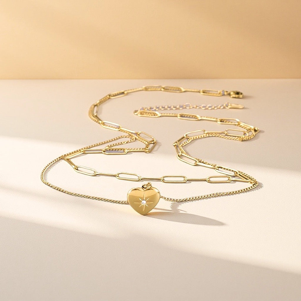14K Gold Double Heart Octagram Zircon Necklace