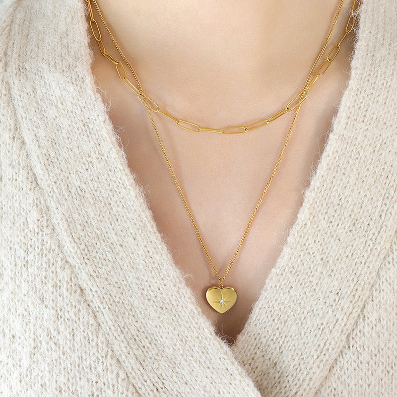14K Gold Double Heart Octagram Zircon Necklace