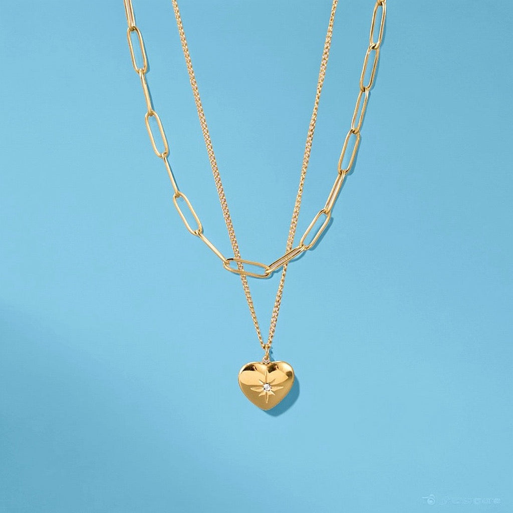 14K Gold Double Heart Octagram Zircon Necklace