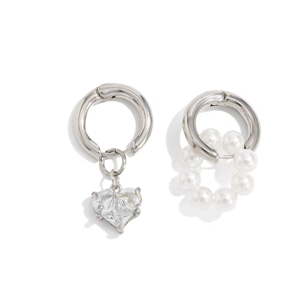 14K Gold Trendy Asymmetrical Heart Earrings with Pearls & Diamonds
