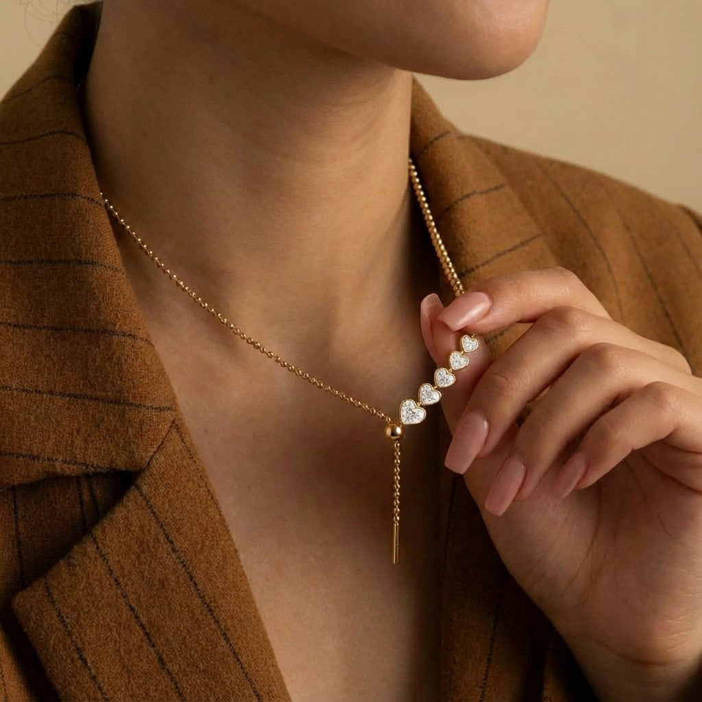 18K Gold Multi-layer Heart Zircon Stackable Necklace, Luxe Gold Tone Heart Pendant for Commute Daily Wear