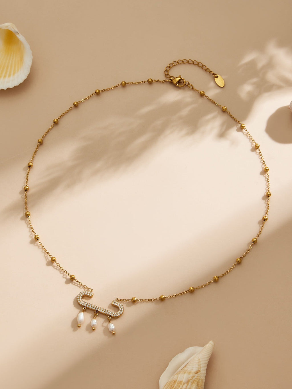 18K Gold Paperclip Pendant Freshwater Pearl Tassel Zircon Necklace