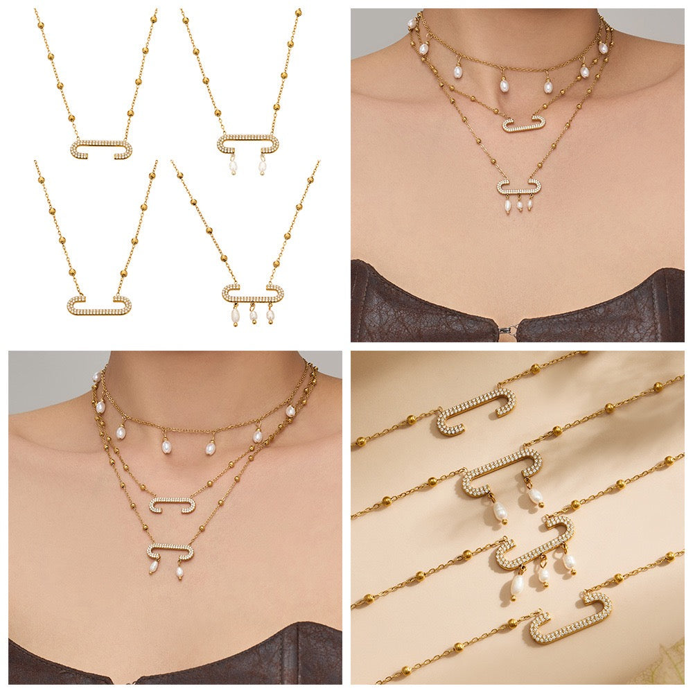 18K Gold Paperclip Pendant Freshwater Pearl Tassel Zircon Necklace