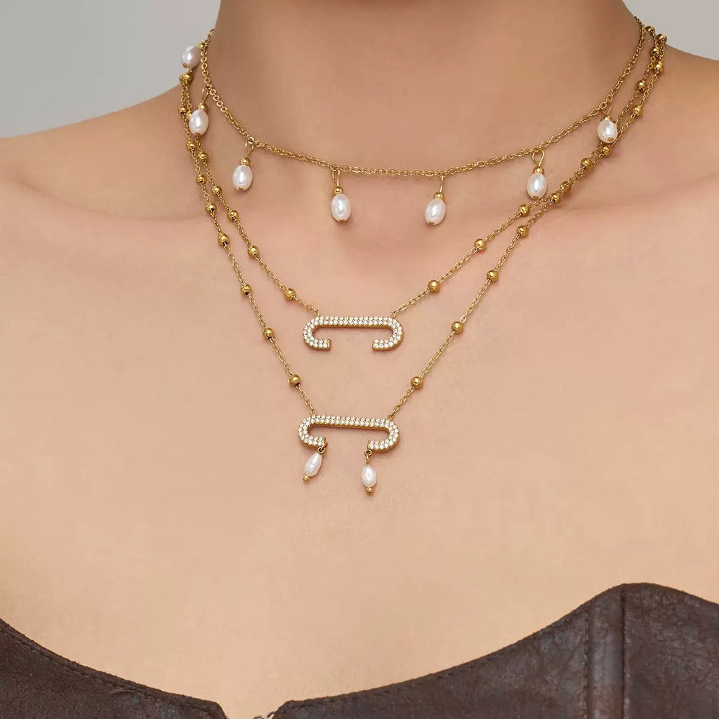 18K Gold Paperclip Pendant Freshwater Pearl Tassel Zircon Necklace