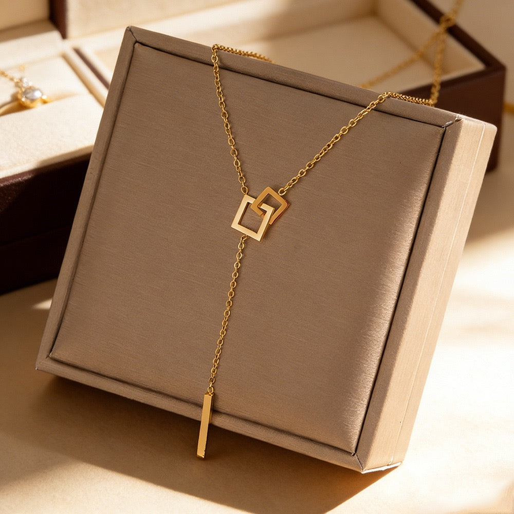 18K Gold Geometric Hollow Square Pendant Necklace, Fashion Versatile Jewelry