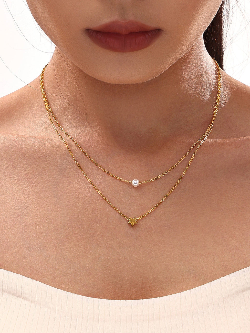18K Gold Star Shell Pearl Multi-layer Necklace, Commuter Stackable Jewelry