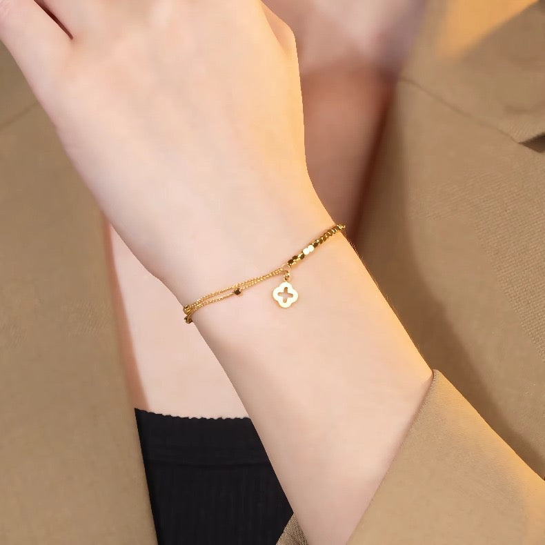 18K Gold Four-Leaf Clover Bracelet, Luxury Mini Brick Design