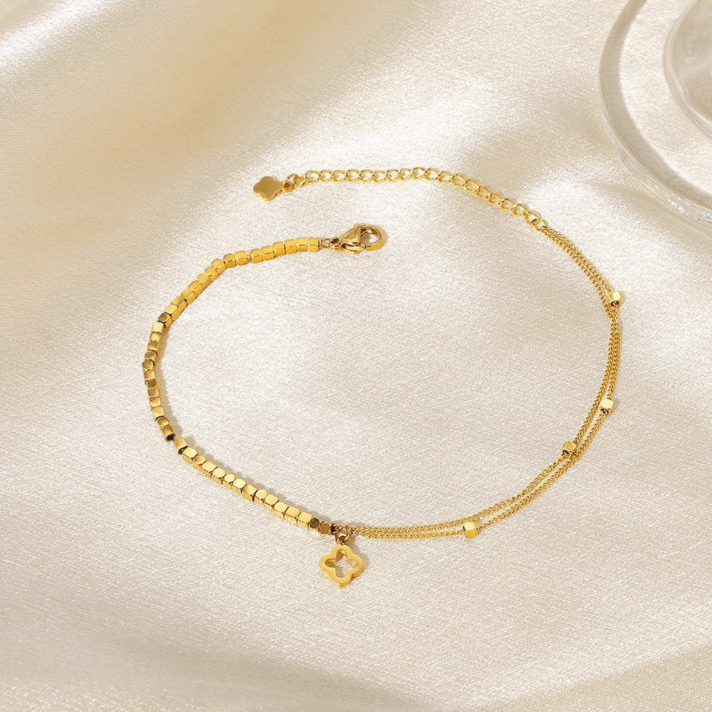18K Gold Four-Leaf Clover Bracelet, Luxury Mini Brick Design