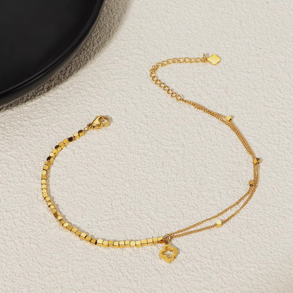 18K Gold Four-Leaf Clover Bracelet, Luxury Mini Brick Design