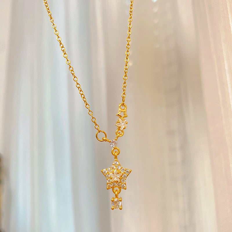 18K Gold Micro Paved Zircon Lucky Star Necklace, Sweet Fairy Temperament