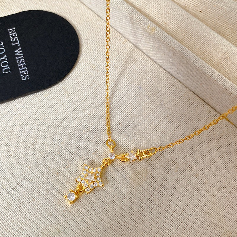 18K Gold Micro Paved Zircon Lucky Star Necklace, Sweet Fairy Temperament