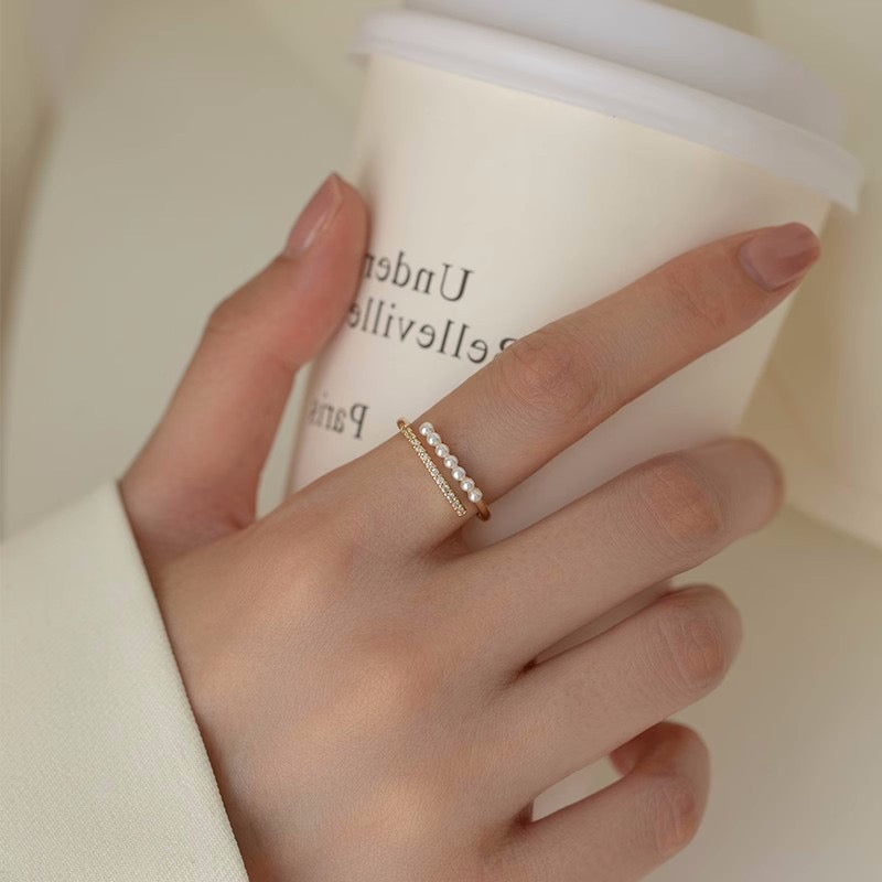 18K Gold Open Band Stylish Versatile Pearl Index Finger Ring