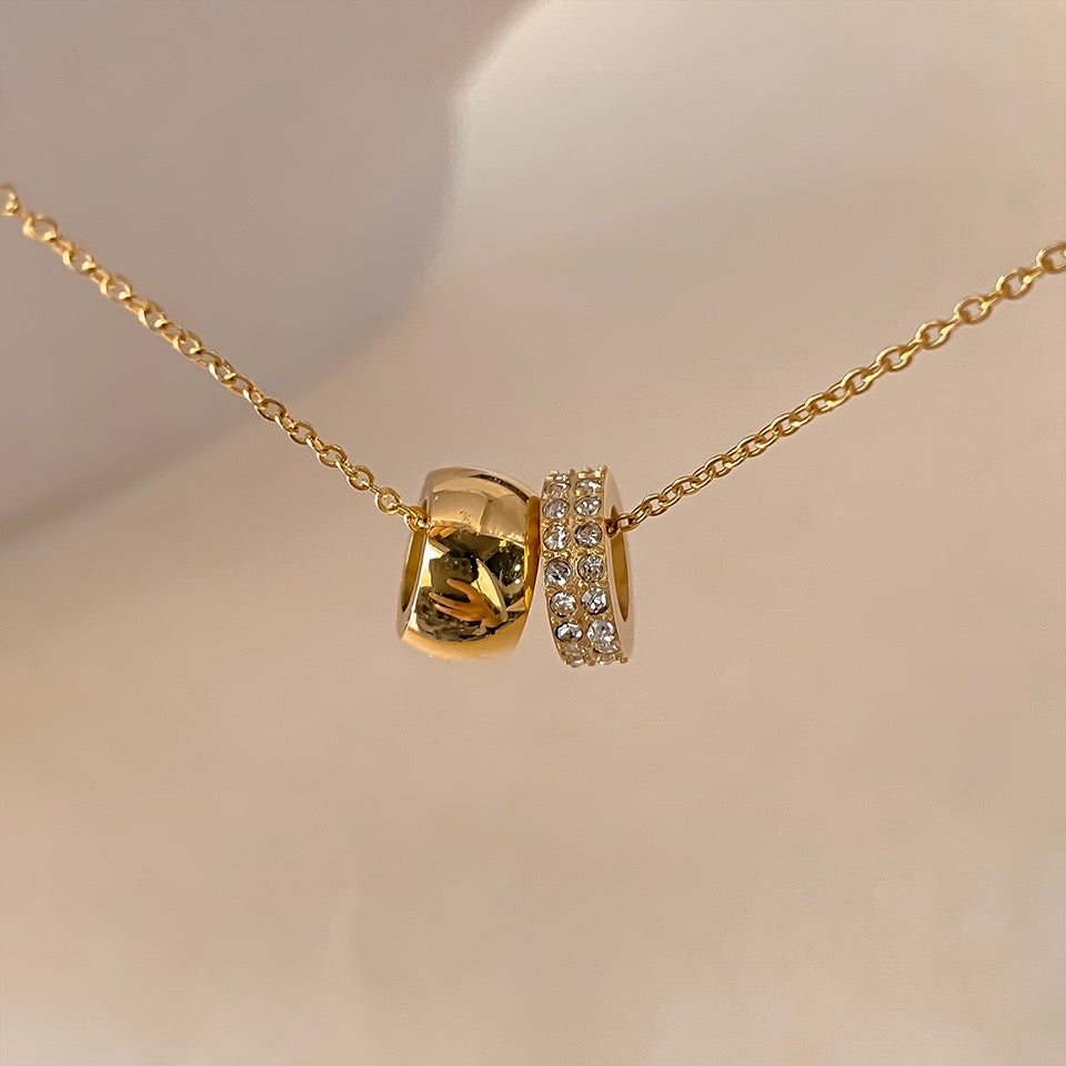 14K Gold Rhinestone Inlaid Narrow Band Ring & Wide Circle Double Pendant Versatile Necklace