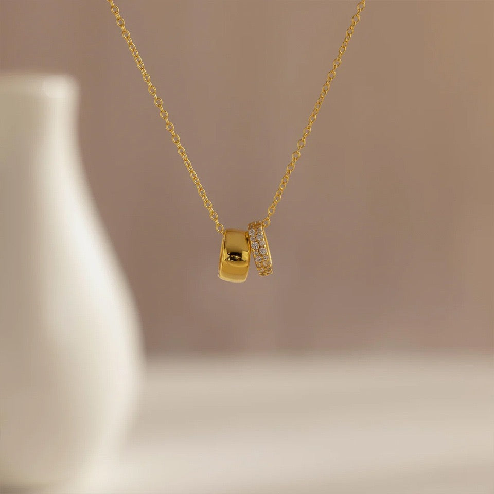 14K Gold Rhinestone Inlaid Narrow Band Ring & Wide Circle Double Pendant Versatile Necklace
