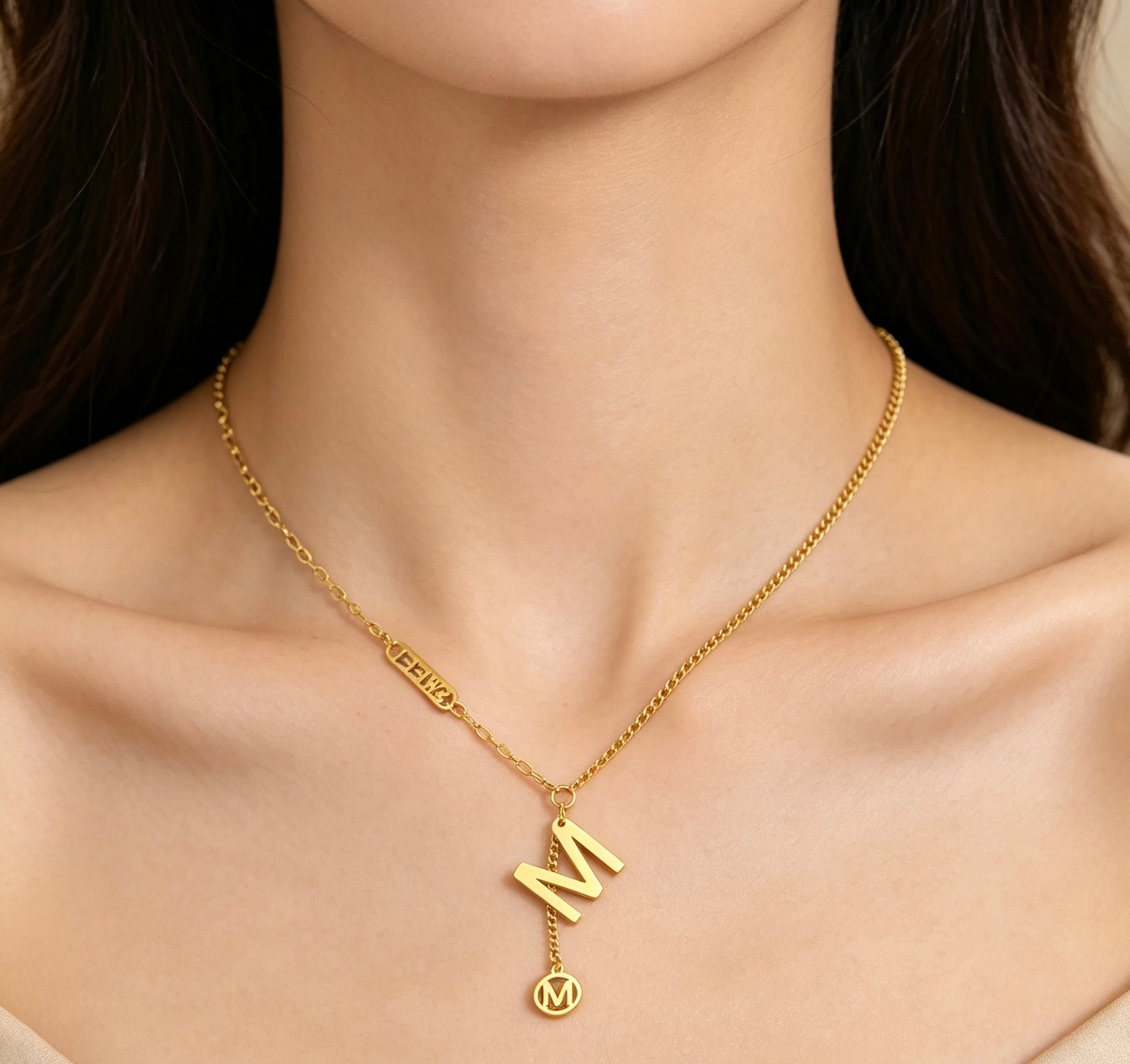 18K Gold Niche Light Luxury Tassel Necklace, Stylish Letter M Pendant, Fashion Layered Chain for Women