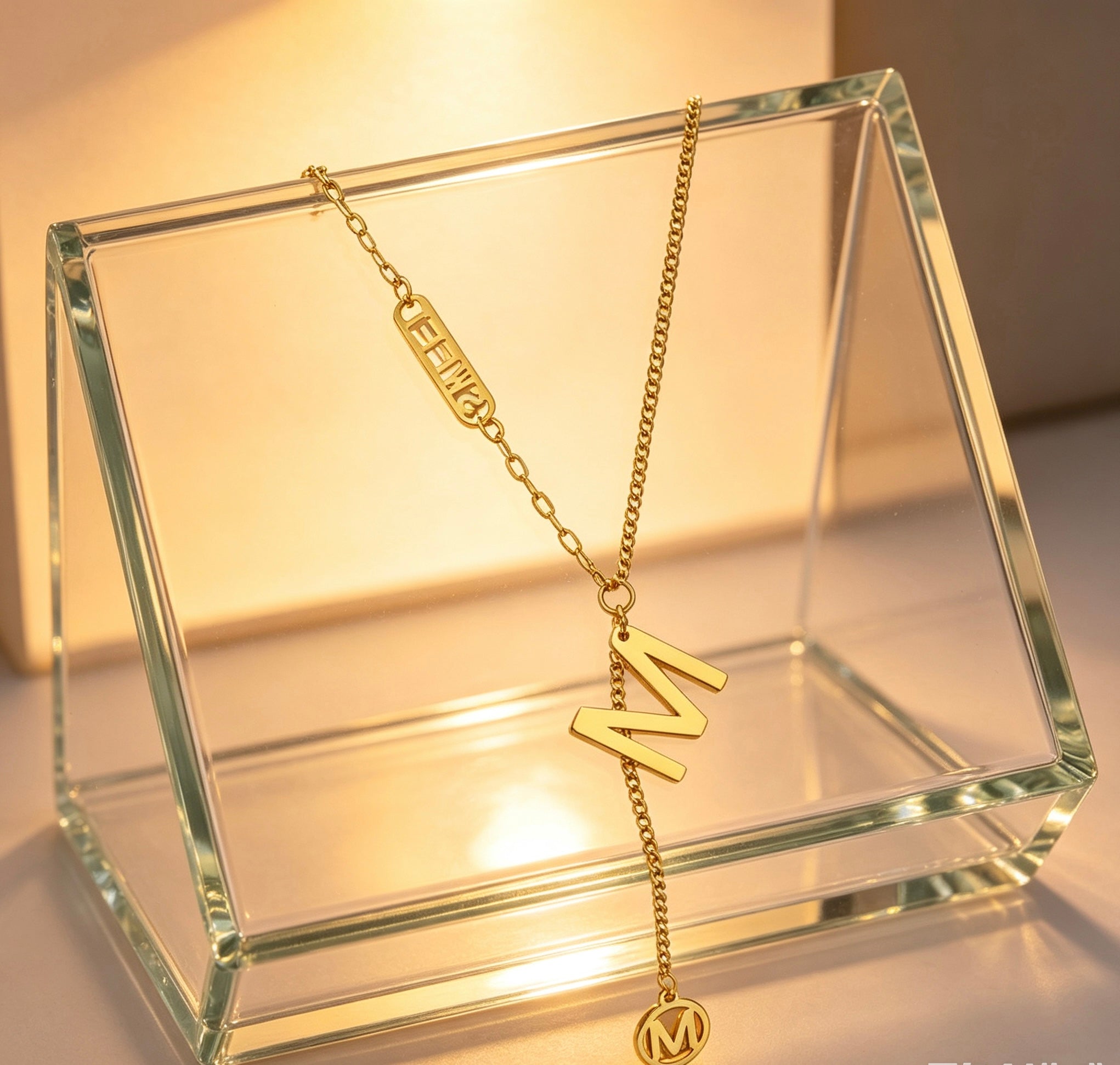 18K Gold Niche Light Luxury Tassel Necklace, Stylish Letter M Pendant, Fashion Layered Chain for Women