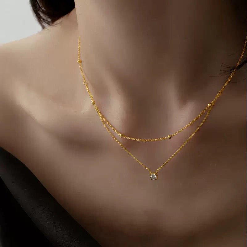 18K Gold Half Double Layer Single Diamond Necklace, Luxury Gold Beaded Layering Chain