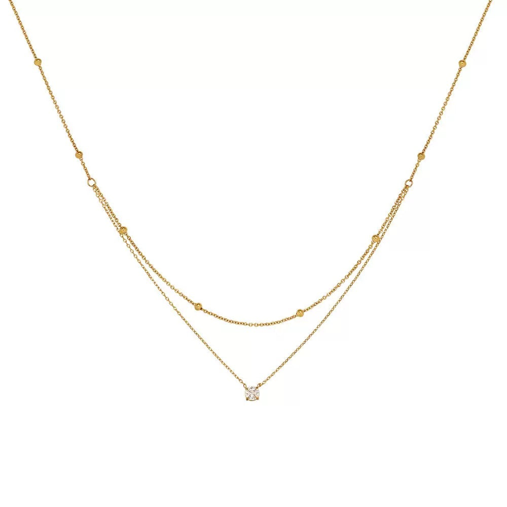 18K Gold Half Double Layer Single Diamond Necklace, Luxury Gold Beaded Layering Chain