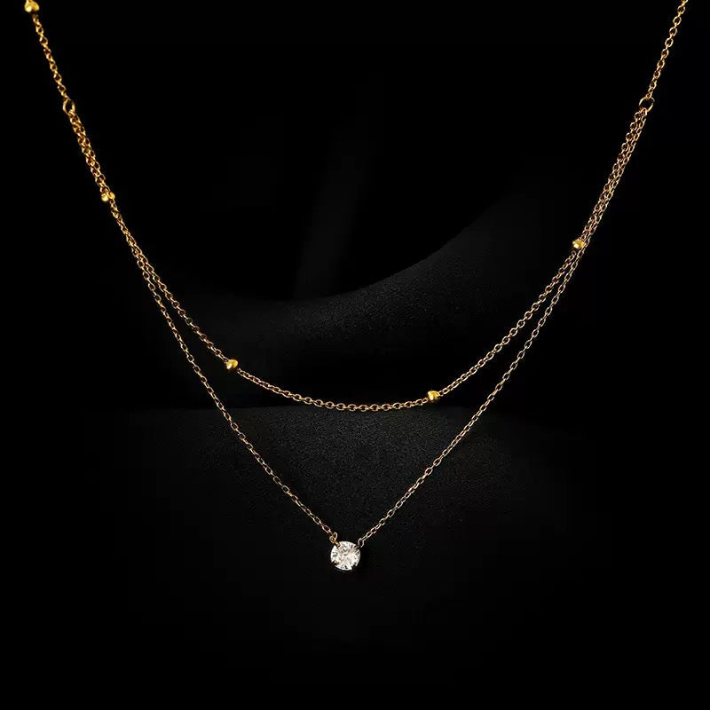 18K Gold Half Double Layer Single Diamond Necklace, Luxury Gold Beaded Layering Chain