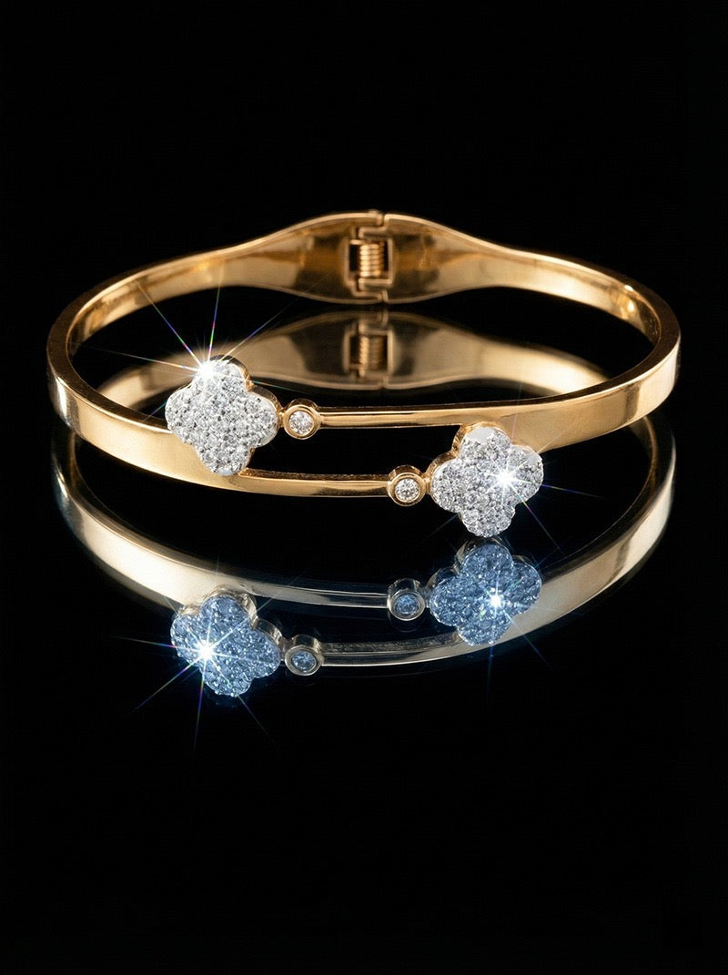 18K Gold CZ Unique Four-Leaf Clover Bracelet