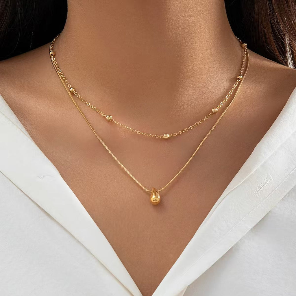 18K Gold Snake Bone Waterdrop Bead Layering Necklace