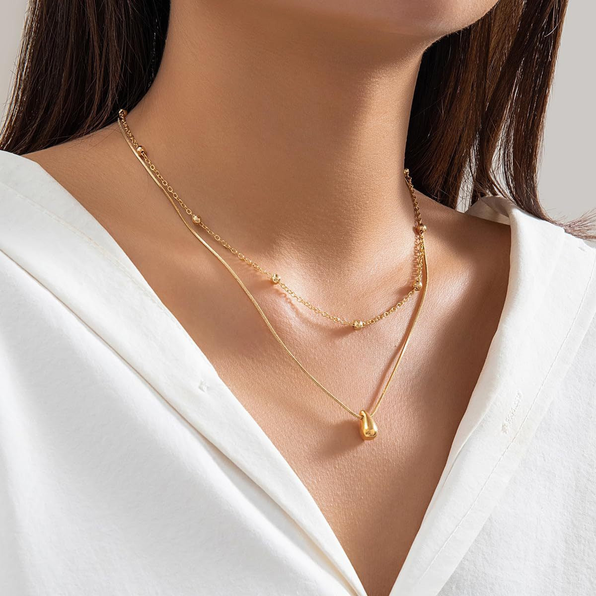 18K Gold Snake Bone Waterdrop Bead Layering Necklace