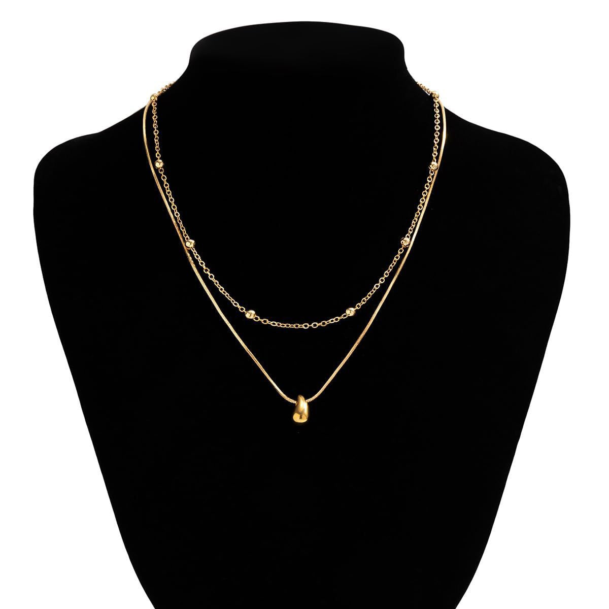 18K Gold Snake Bone Waterdrop Bead Layering Necklace