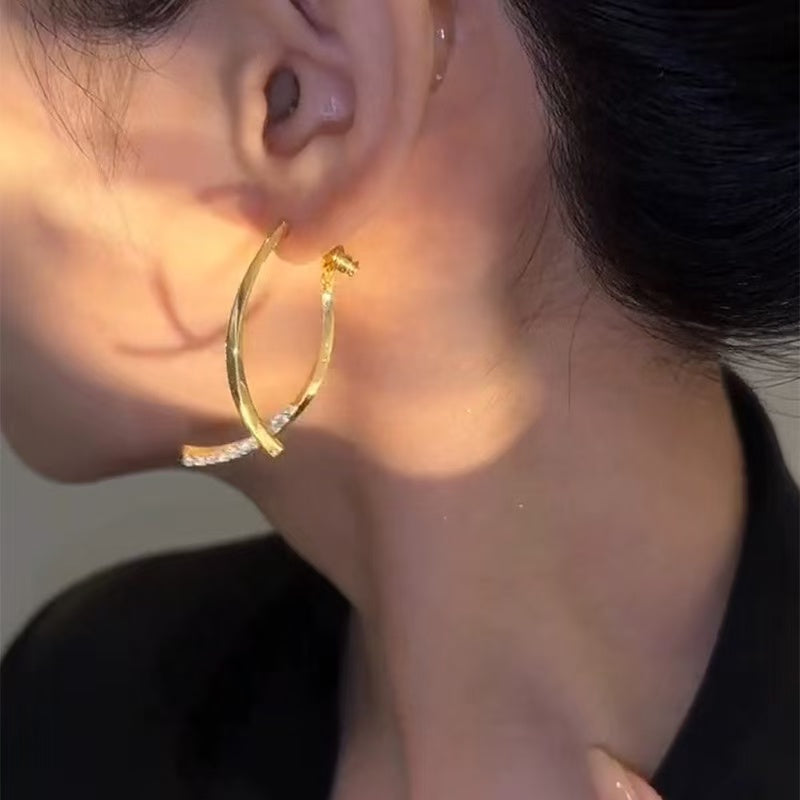 18K Gold Diamond Cross Minimalist Hoop Earrings