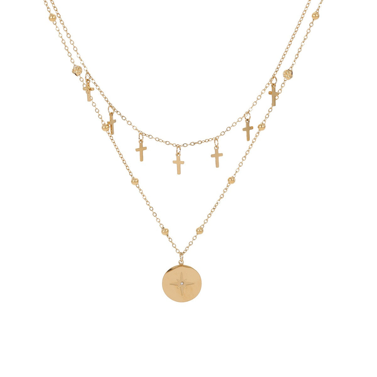 18K Gold Vintage Layered Cross Star Round Tag Necklace