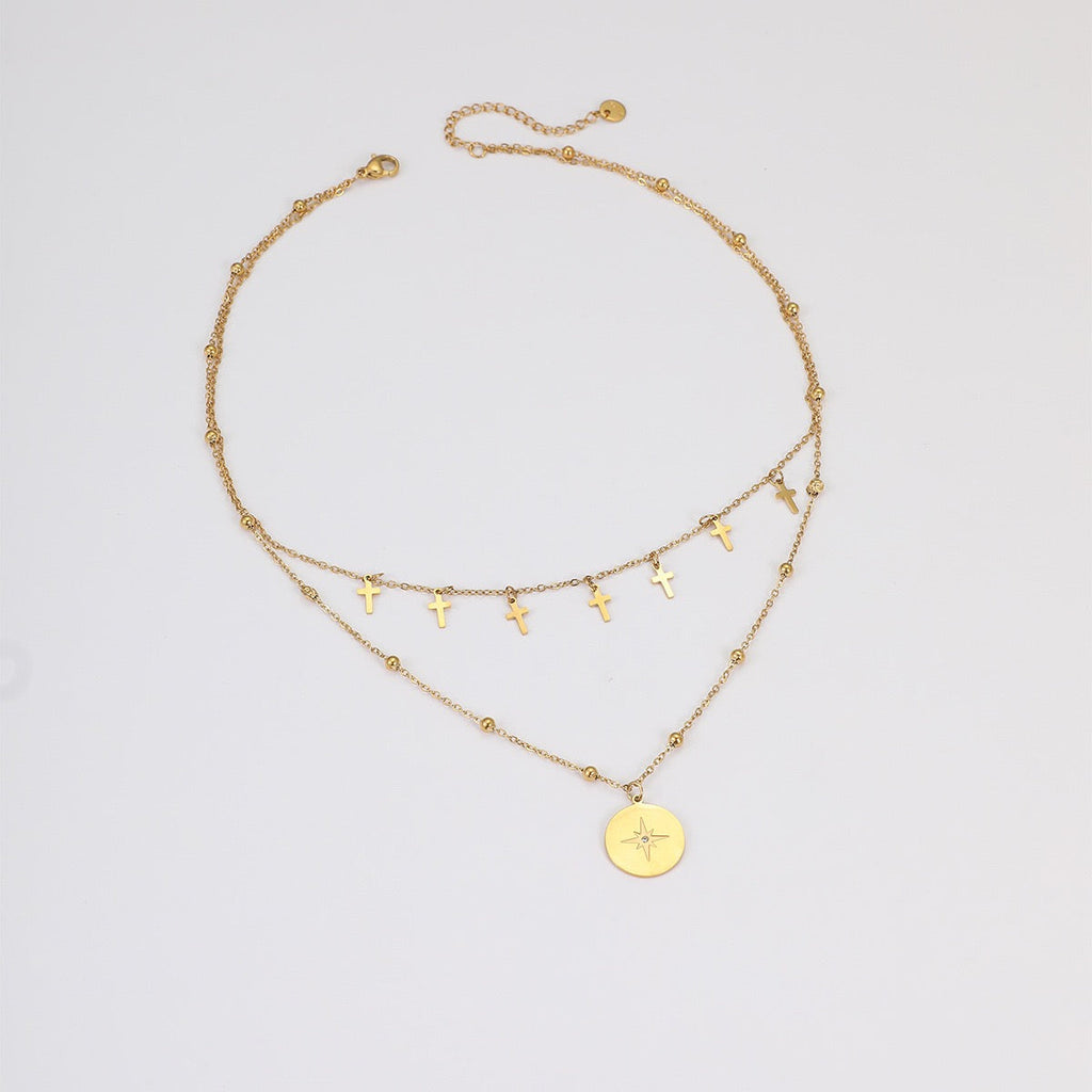 18K Gold Vintage Layered Cross Star Round Tag Necklace