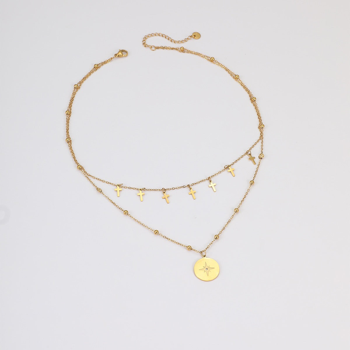 18K Gold Vintage Layered Cross Star Round Tag Necklace