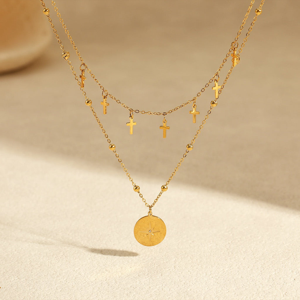 18K Gold Vintage Layered Cross Star Round Tag Necklace