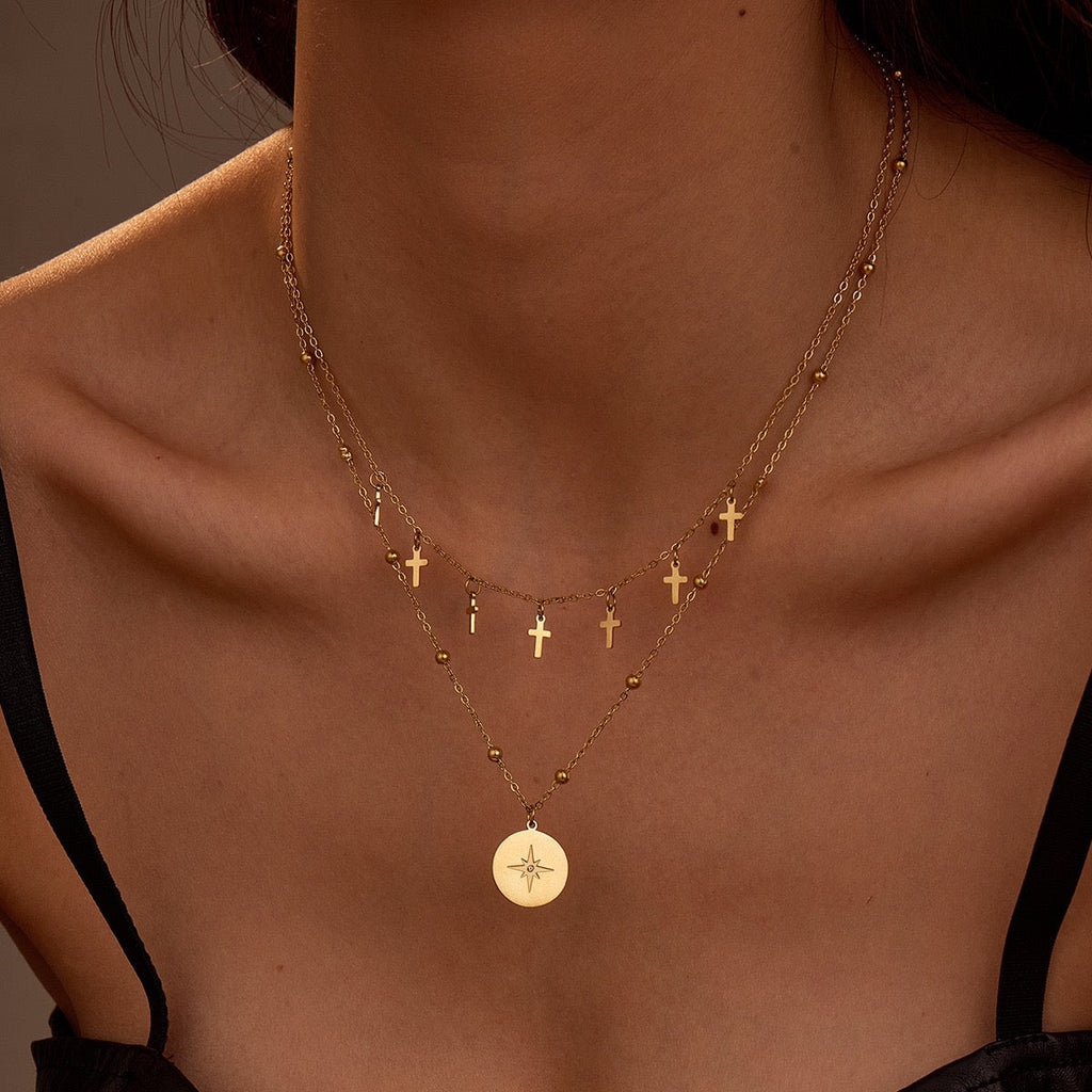 18K Gold Vintage Layered Cross Star Round Tag Necklace