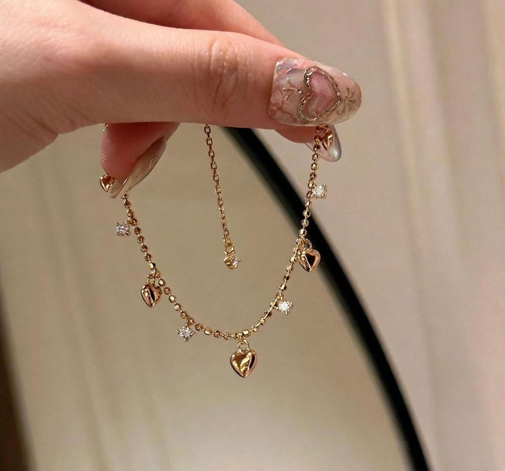 18K Gold Dainty Heart Tassel Bracelet