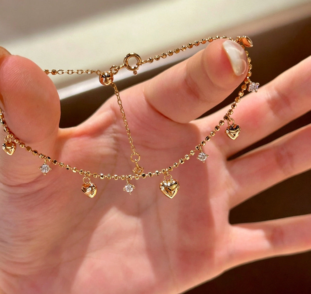 18K Gold Dainty Heart Tassel Bracelet