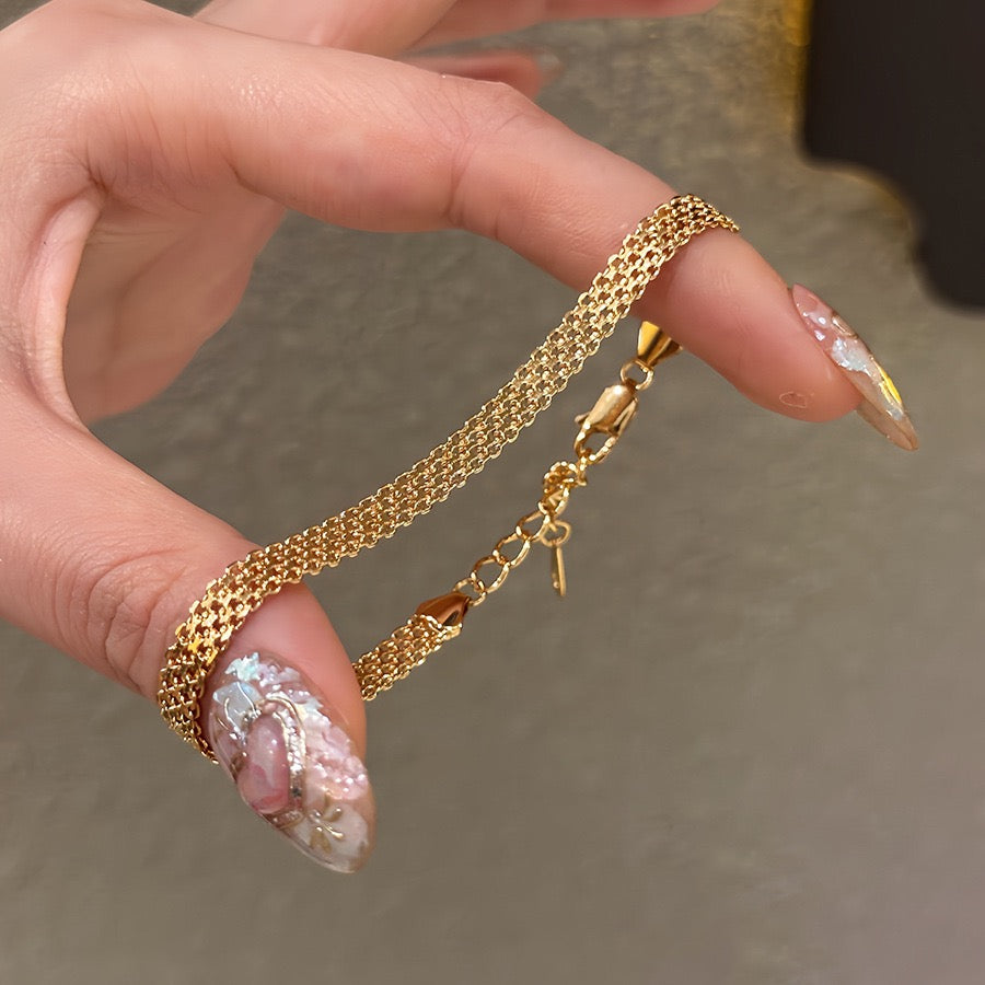 18K Gold Flat Grid Bracelet, Retro Minimalist Luxury