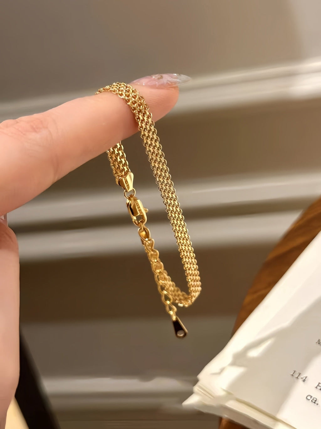 18K Gold Flat Grid Bracelet, Retro Minimalist Luxury