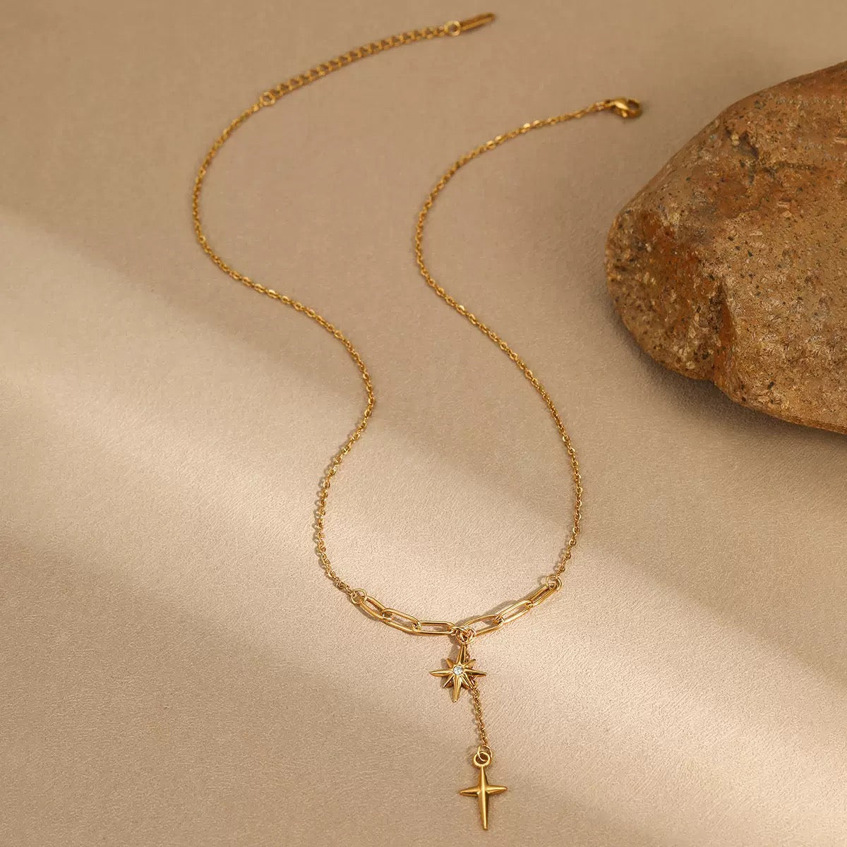 18K Gold Diamond Octagram Tassel Cross Pendant Necklace