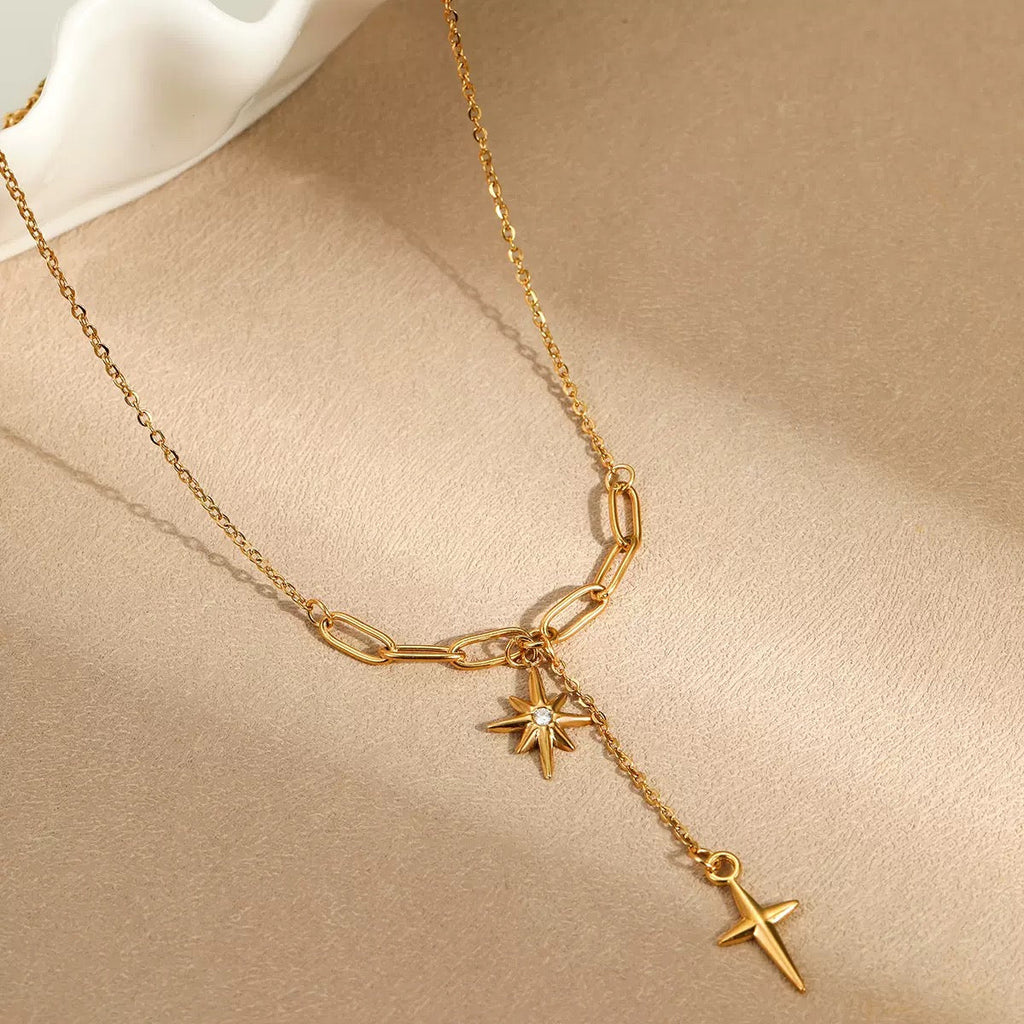 18K Gold Diamond Octagram Tassel Cross Pendant Necklace