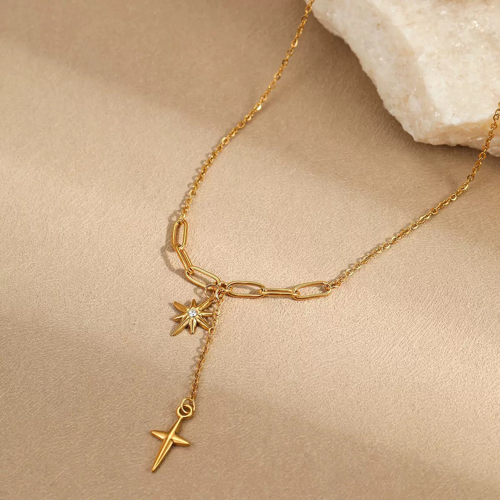 18K Gold Diamond Octagram Tassel Cross Pendant Necklace
