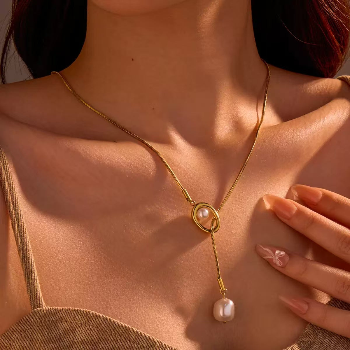 18K Gold French Vintage Pearl Long Adjustable Necklace
